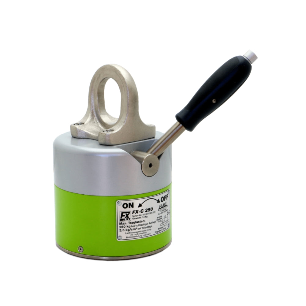 Cylindrisk magnet med håndtag, model "FX-C 250", max 250 kg, "ON/OFF" markeringer.