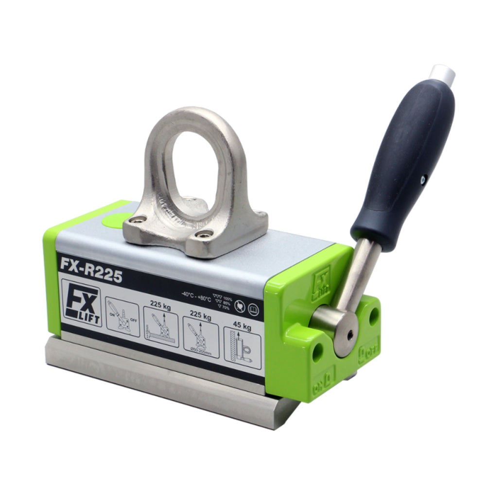 Magnet med håndtag og løkke, model FX-R225, viser vægte: 225 kg, 45 kg.