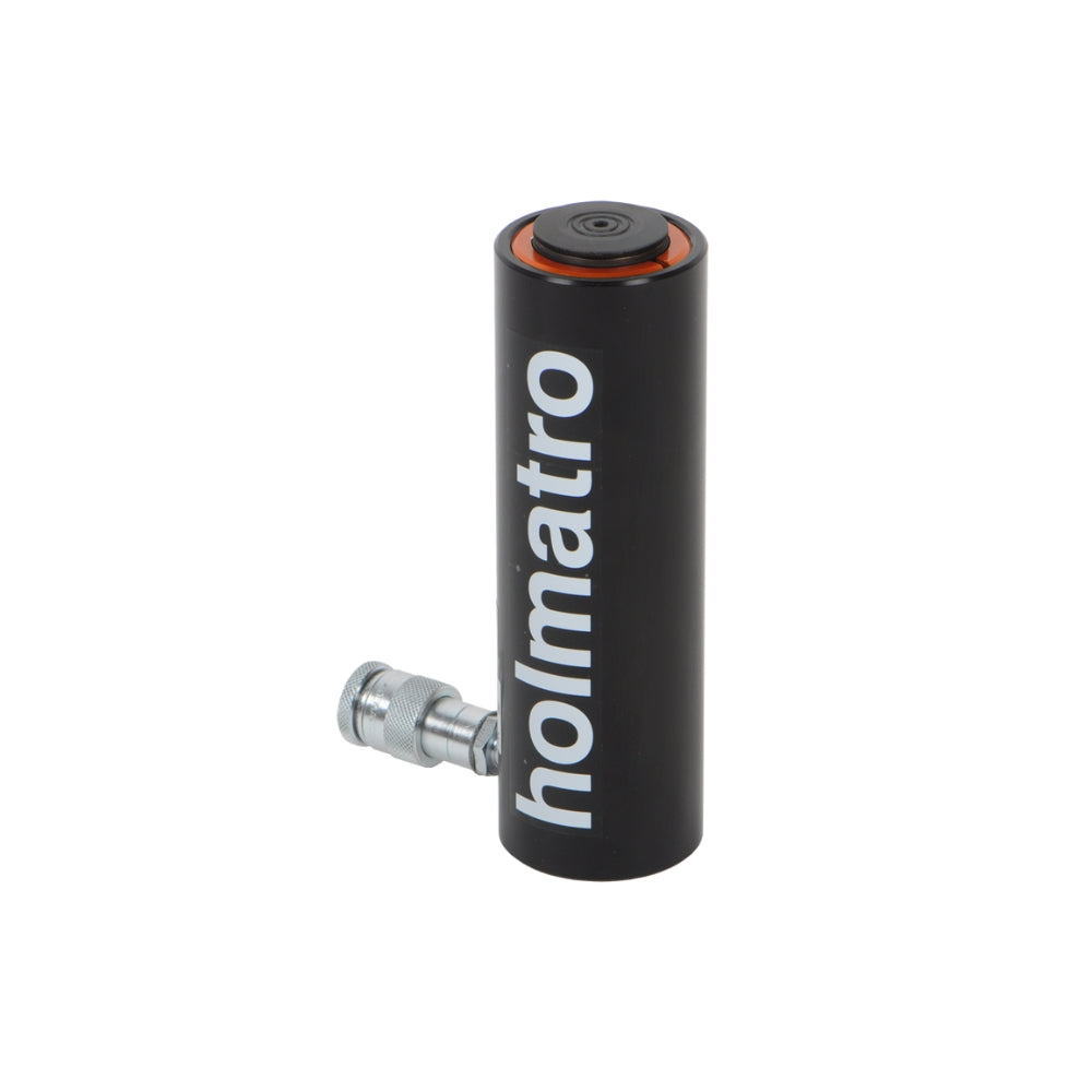 Holmatro hydraulisk donkraft med cylinderform og "Holmatro" tekst på siden.