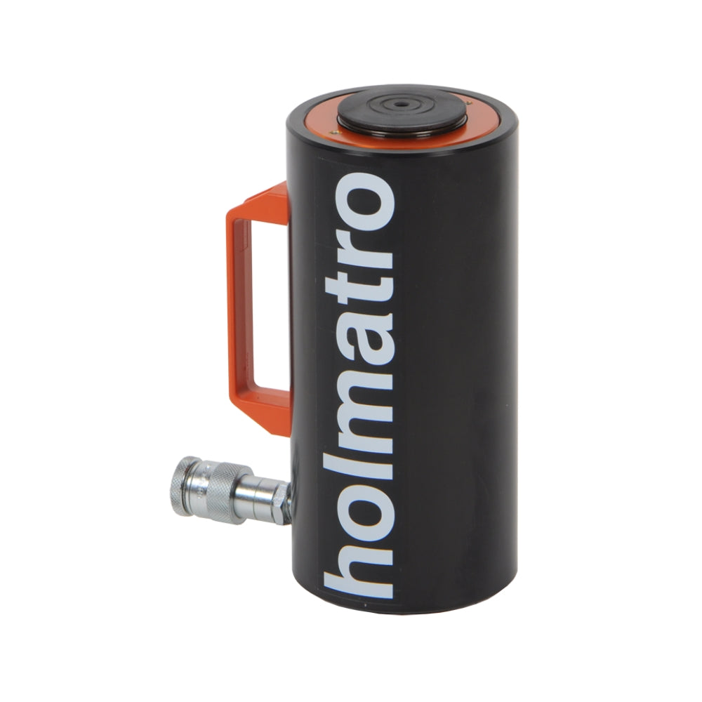 Cylindrisk donkraft med "holmatro" logo og metaltilslutning til hydrauliksystemer på siden.