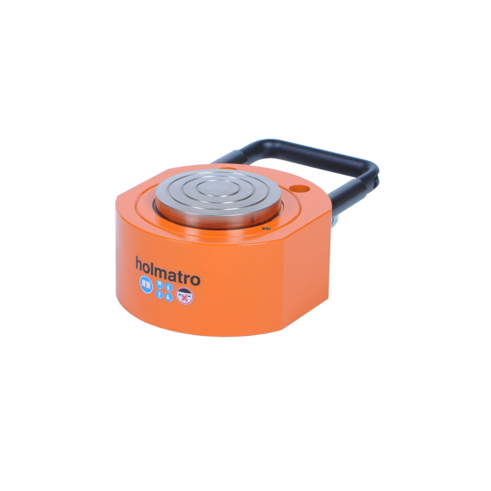 Orange Holmatro 100T donkraft med logo og ikoner, designet til tunge løft i industrien.