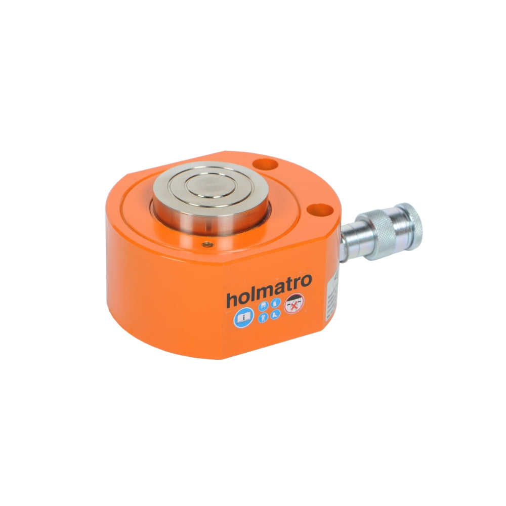 Nærbillede af orange Holmatro Donkraft 75T med logo og ikoner på siden.