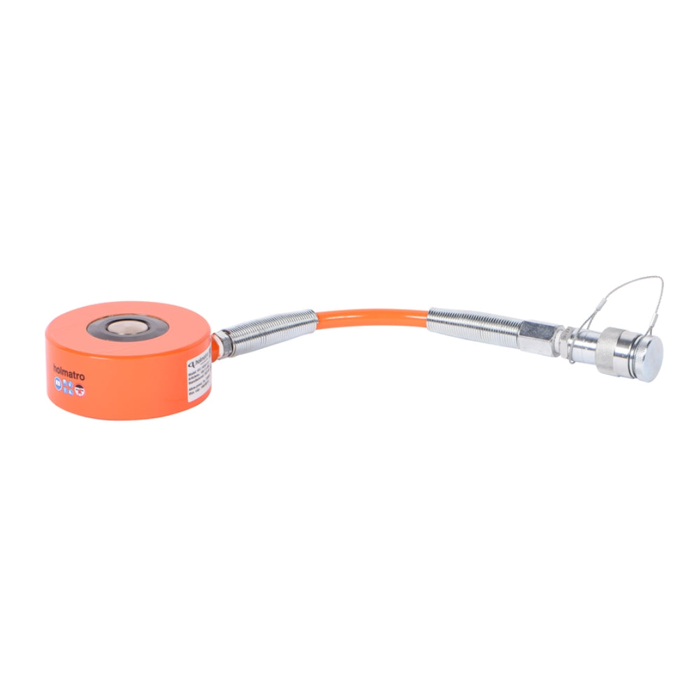 Orange, flad, cirkulær donkraft med slange og "Holmatro" mærket.