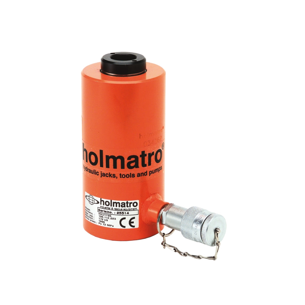 Orange hydraulisk donkraft fra Holmatro, 12T HHJ 12 S 15, med sort top og CE-mærkning.