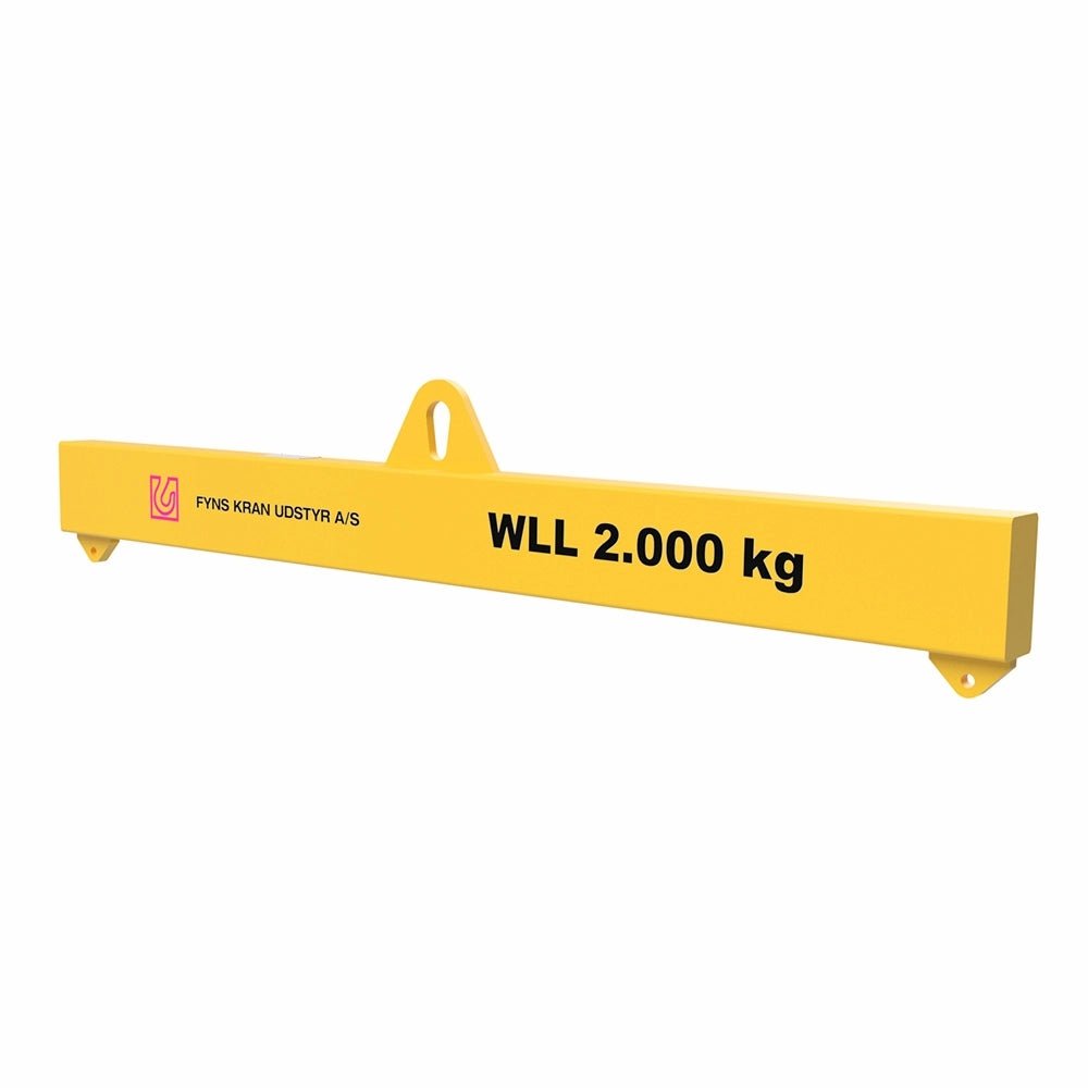 Gult løfteåg med centralt øje, teksten "WLL 2.000 kg" og "FYNS KRAN UDSTYR A/S".
