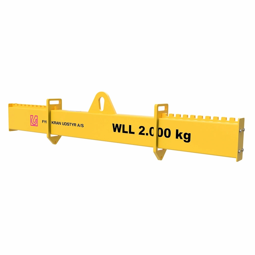 Gul løfteåg med centralt løfteøje, tekst "WLL 2.000 kg", maksimal kapacitet 2.000 kg.