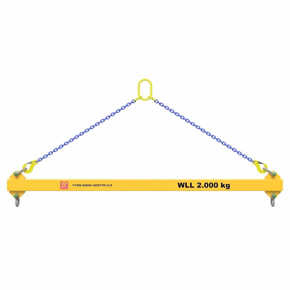 Gul løfteåg med blå kæde og kroge, mærket "WLL 2.000 kg."