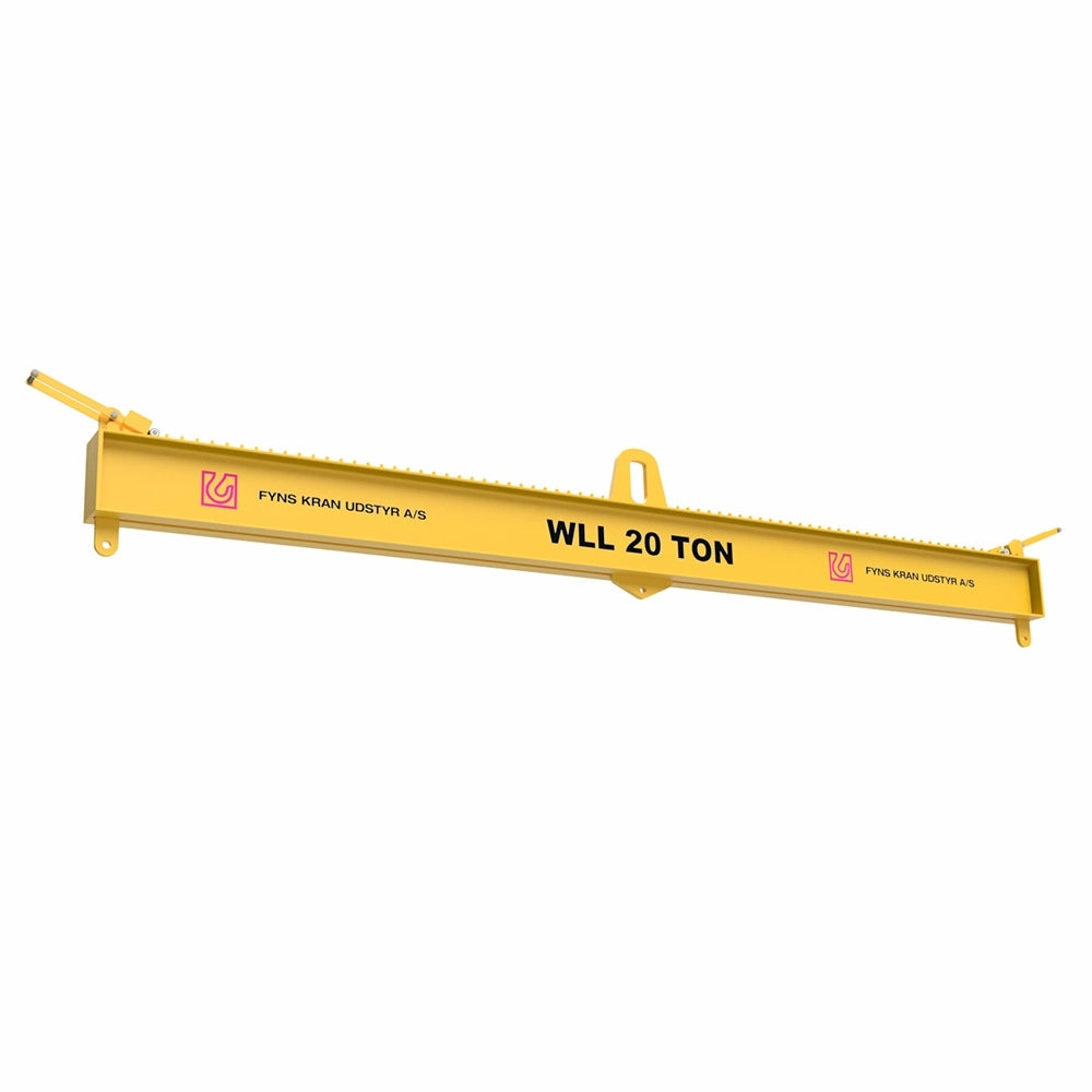 Gul løfteskinne med tekst "WLL 20 TON" og logo fra FYNS KRAN UDSTYR A/S.