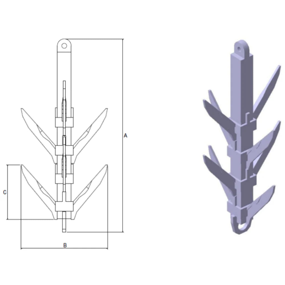 Teknisk tegning og 3D-model af "Sliding Prong Type B - 3 Prongs" med tre pronger og mål A, B, C.