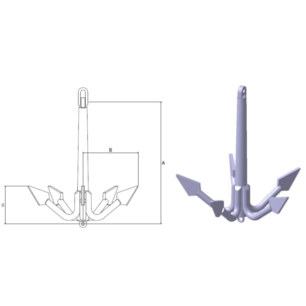 Grapnel med spidse fliger, dimensioner A, B, C, centralt skaft og top ring til fastgørelse.