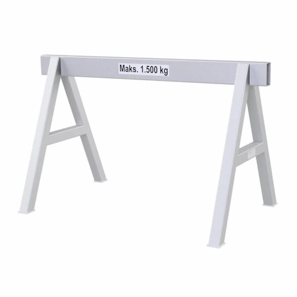 Arbejdsbuk med A-ramme, robust design, maks. belastning 1500 kg angivet på tværs af toppen.