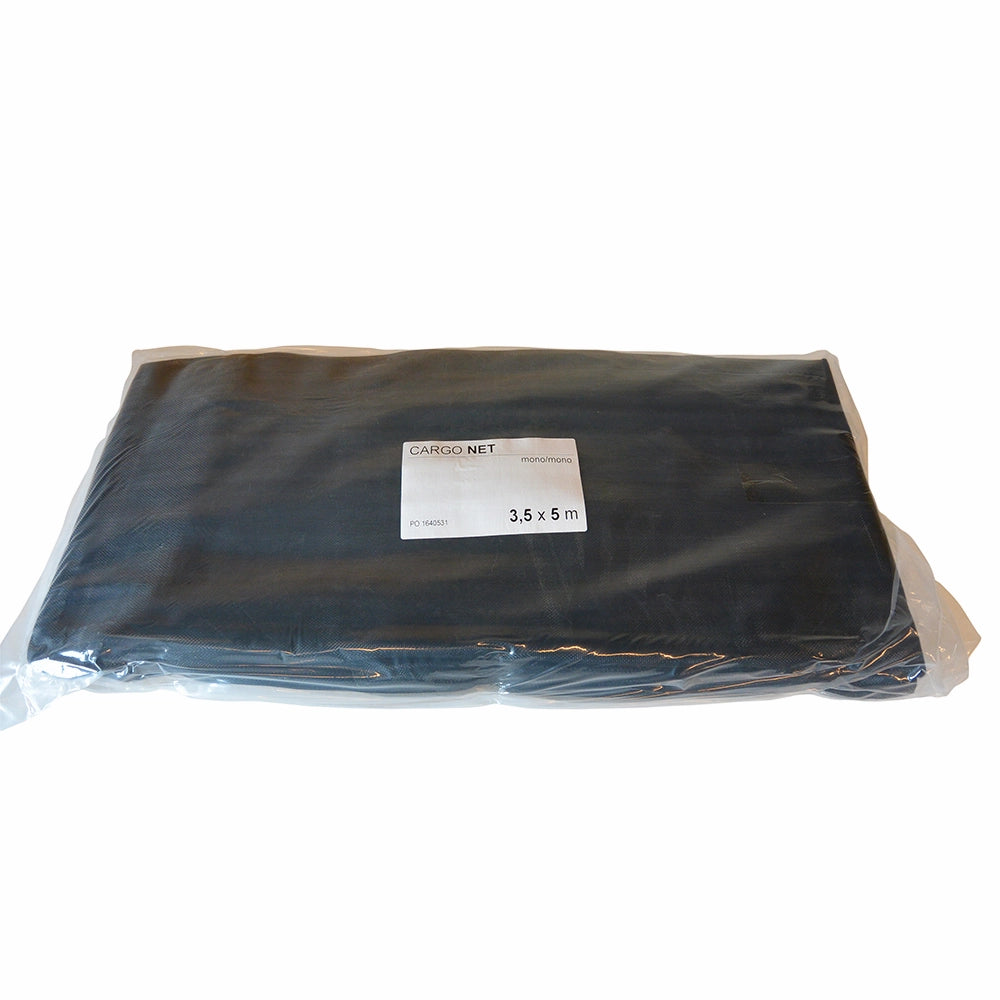 Sort finmasket net pakket i plastik med etiket, der viser størrelse 3,5 x 5 m.