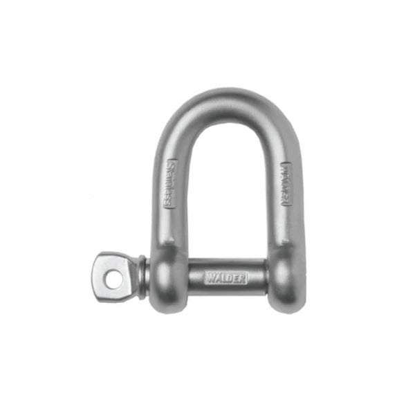 Metal D-sjækel med U-form og låsebolt, teksten "WALDER" og "Cromox" på kroppen.