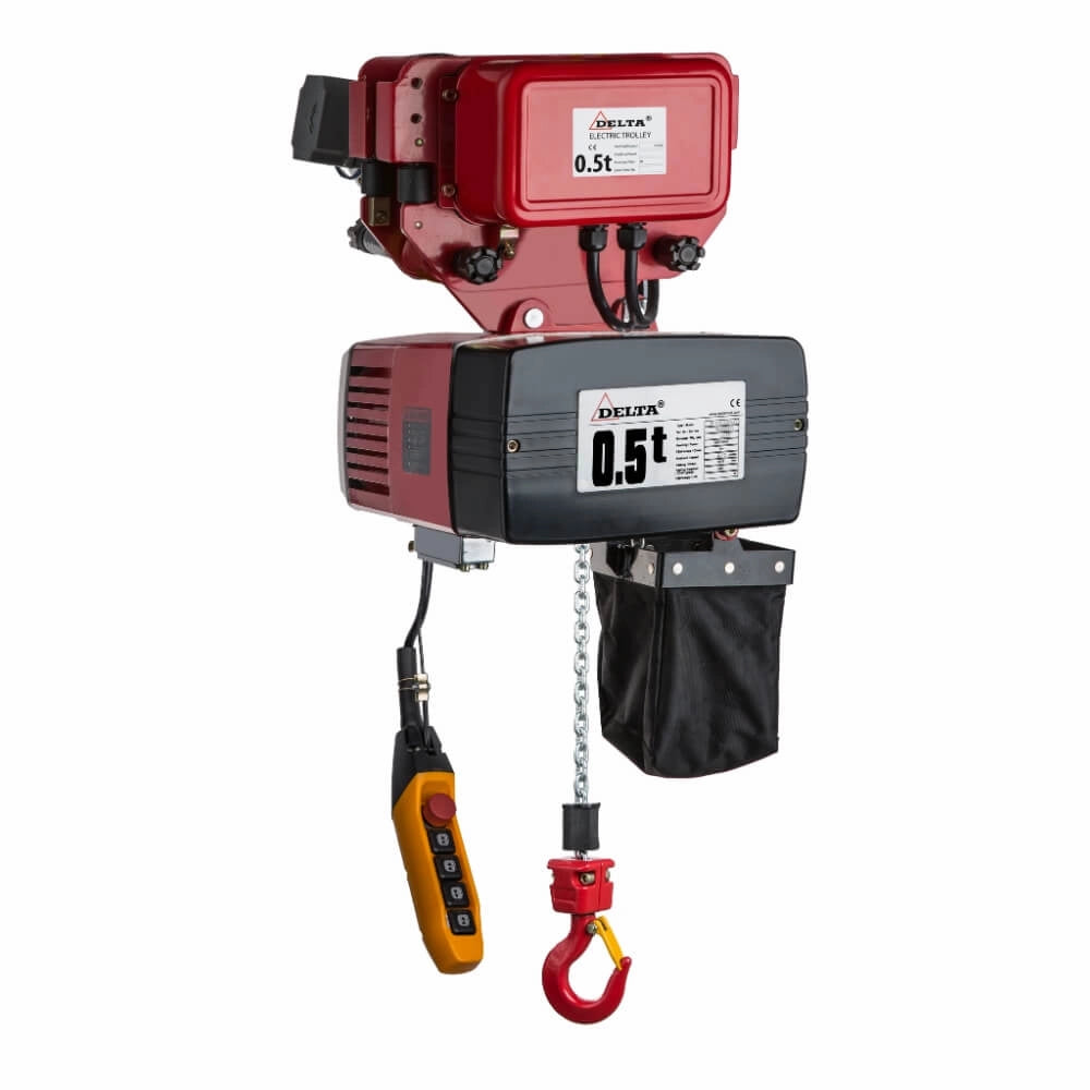 DELTA el-talje i rød/sort med 0,5t kapacitet, kæde, krog og håndkontrol.
