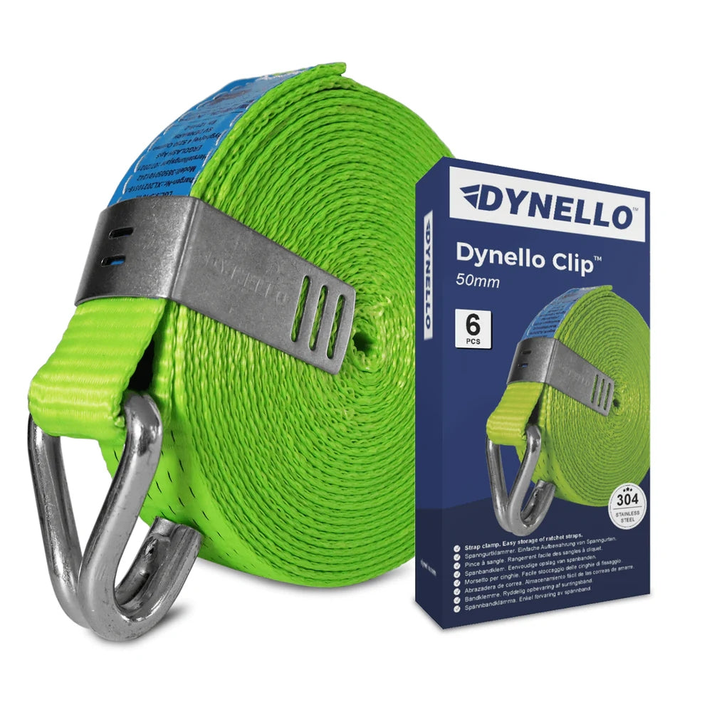 Grøn surringsbånd med metalclip og pakke med 6 stk. Dynello Clip 50mm, til fastgørelse af stropper.