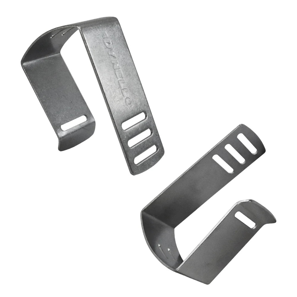 To metalclips med flere slidser, designet til at holde stropper sikkert sammen.
