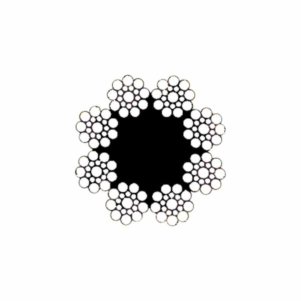 Tværsnit af stålvire med 8x19 Seale struktur, central kerne omkranset af snoede tråde.