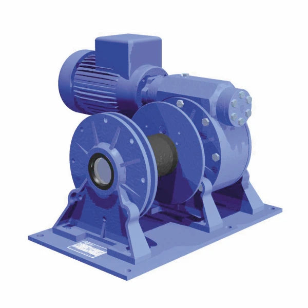 Blåt mekanisk trækspil med motor øverst til venstre, central tromle, på flad base til montering.