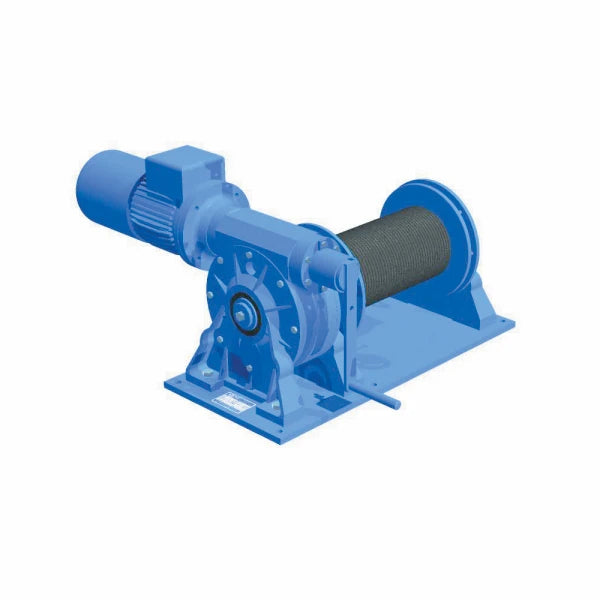 EMCE Manridingspil med elektrisk motor til venstre og kabeltromle til højre på solid base.