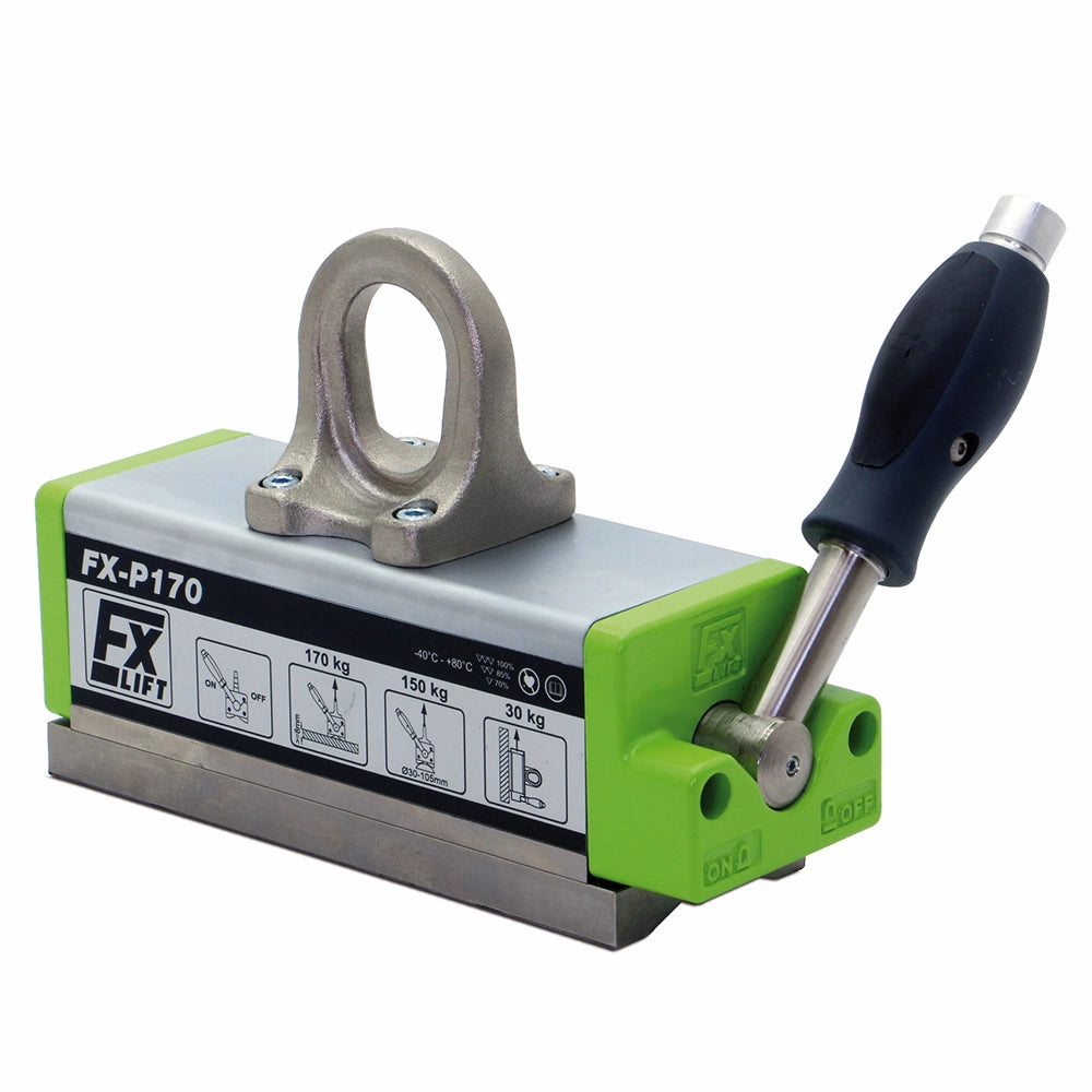 Løftemagnet med metallegeme, kapacitetsindikatorer, on/off håndtag og topmonteret løkke.