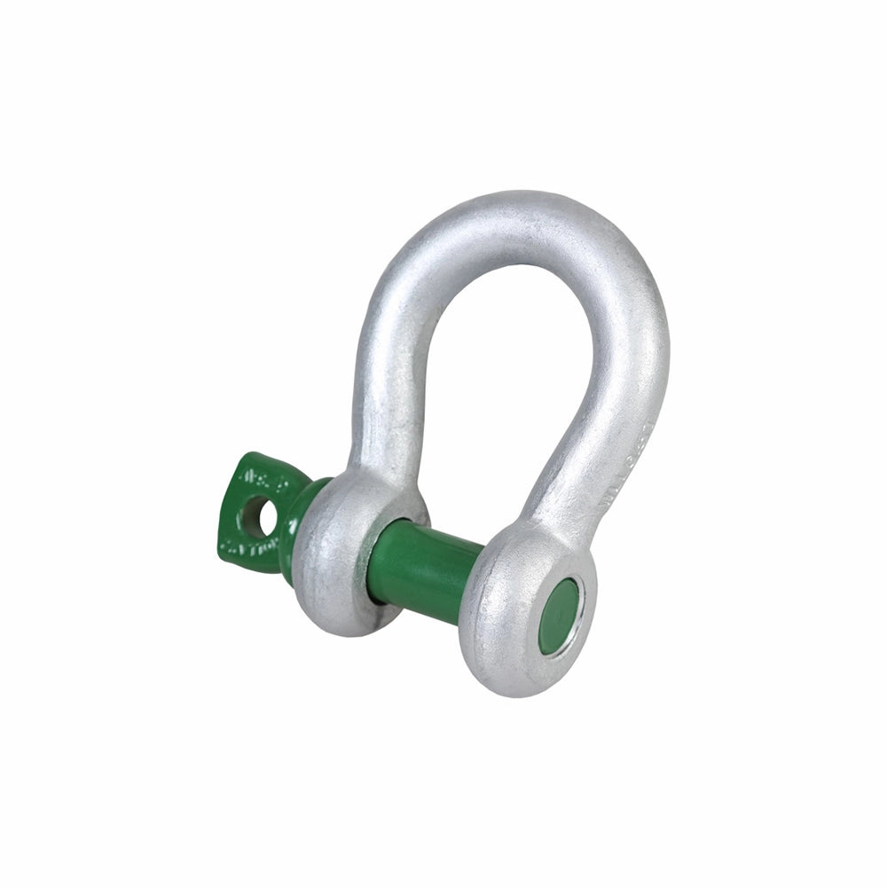 D-formet sjækel med sølvfarvet bue og grøn bolt med tekst.