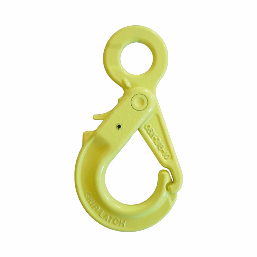 Gul sikkerhedskrog med modelnummer "OBK 13-10" og "GRIP LATCH" låsemekanisme.