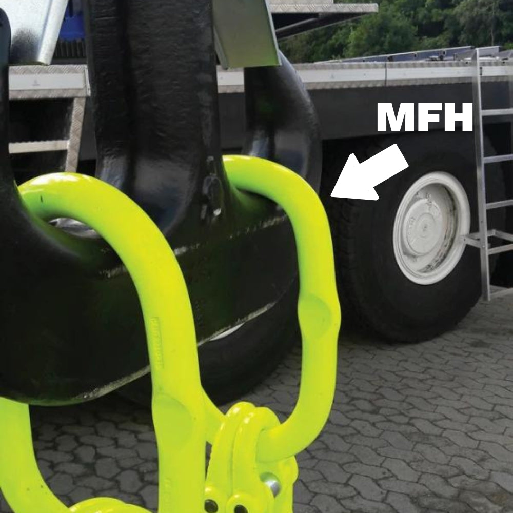 Gul, oval ring fastgjort til sort struktur, med "MFH" pil. Glat overflade, let indrykning.