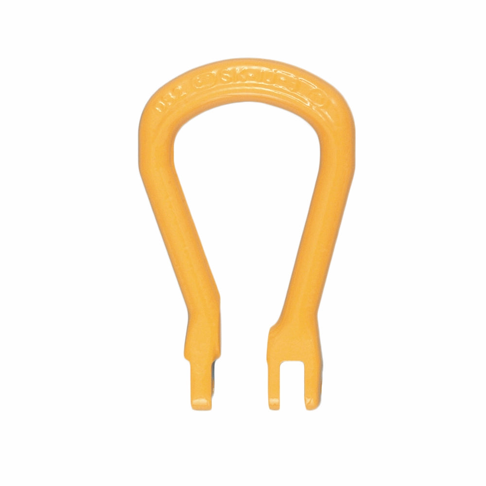 Gult løfteøje i åben U-form med utydelig, embosseret tekst øverst.