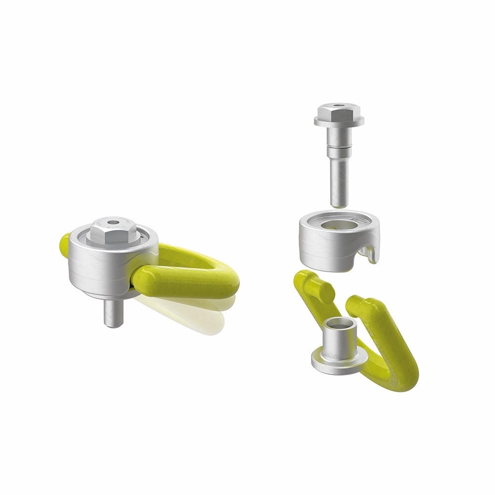 Gunnebo GrabiQ Svirveløjebolt med gul krog og metaldele, vist samlet og adskilt.