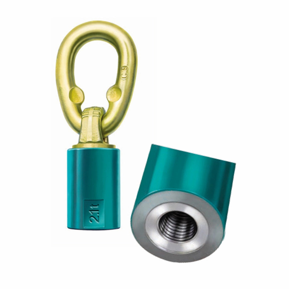 Drejelig øjemøtrik i guld med teal base. Tekst “21t” på siden. Visning af gevindende.