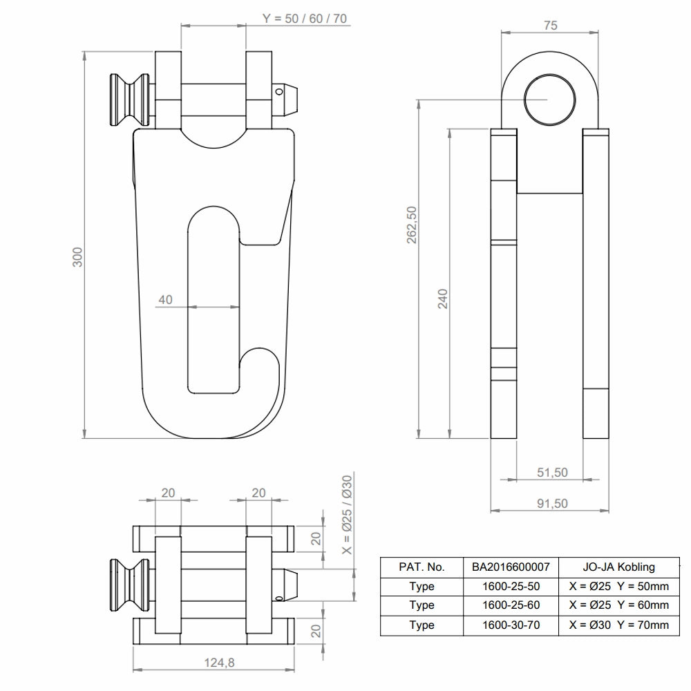 Teknisk tegning af Joja beslag med Ø25 åbning, dimensioner 300x75 mm, detaljeret mål.