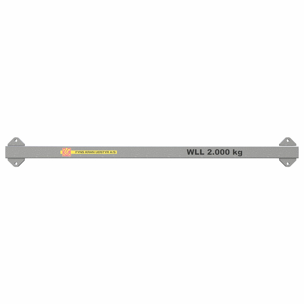 Gråt løfteåg med flanger og label "WLL 2.000 kg" fra Fyens Kran Udstyr A/S.