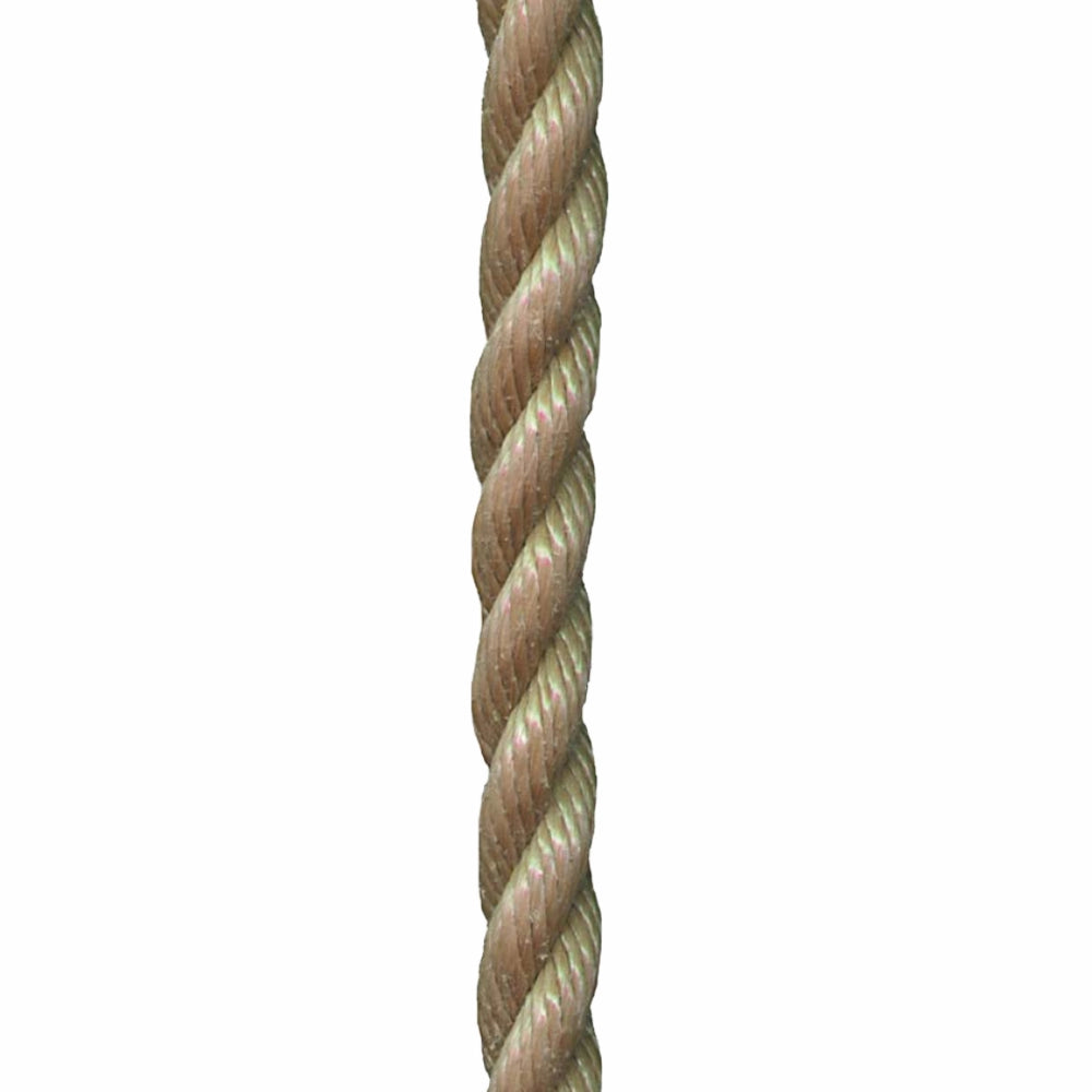 Nærbillede af tredobbelt snoet reb i brunlig farve med grønligt skær og grov tekstur.
