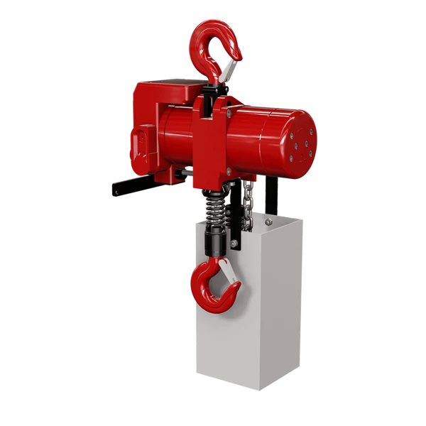 Rød lufttalje med cylindrisk motor, kæde og kroge øverst og nederst, model TCR-1000.