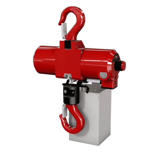 Rød Rooster TCR-250 lufttalje med to kroge og cylindrisk motorhus.