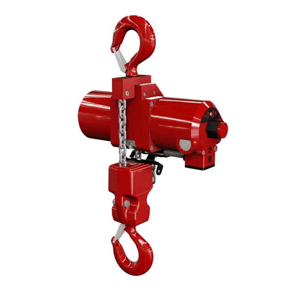 Rød lufttalje med to kroge og kæde. Industriel, robust cylindrisk struktur.