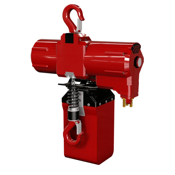 Rød højhastighedslufttalje med kroge for oven og forneden. Robust og industrielt design.