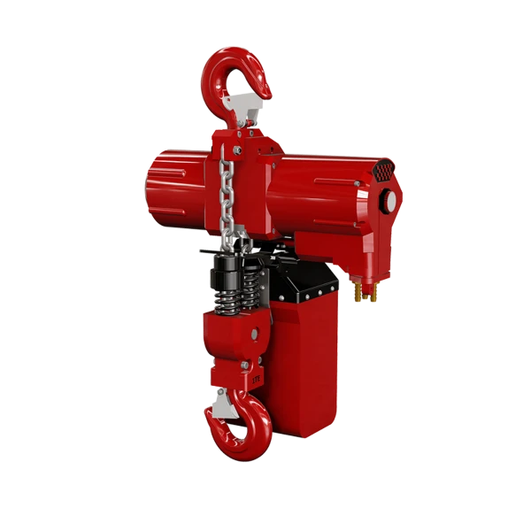 Rød højhastighedslufttalje med cylindrisk top, kæde og kroge foroven og forneden.