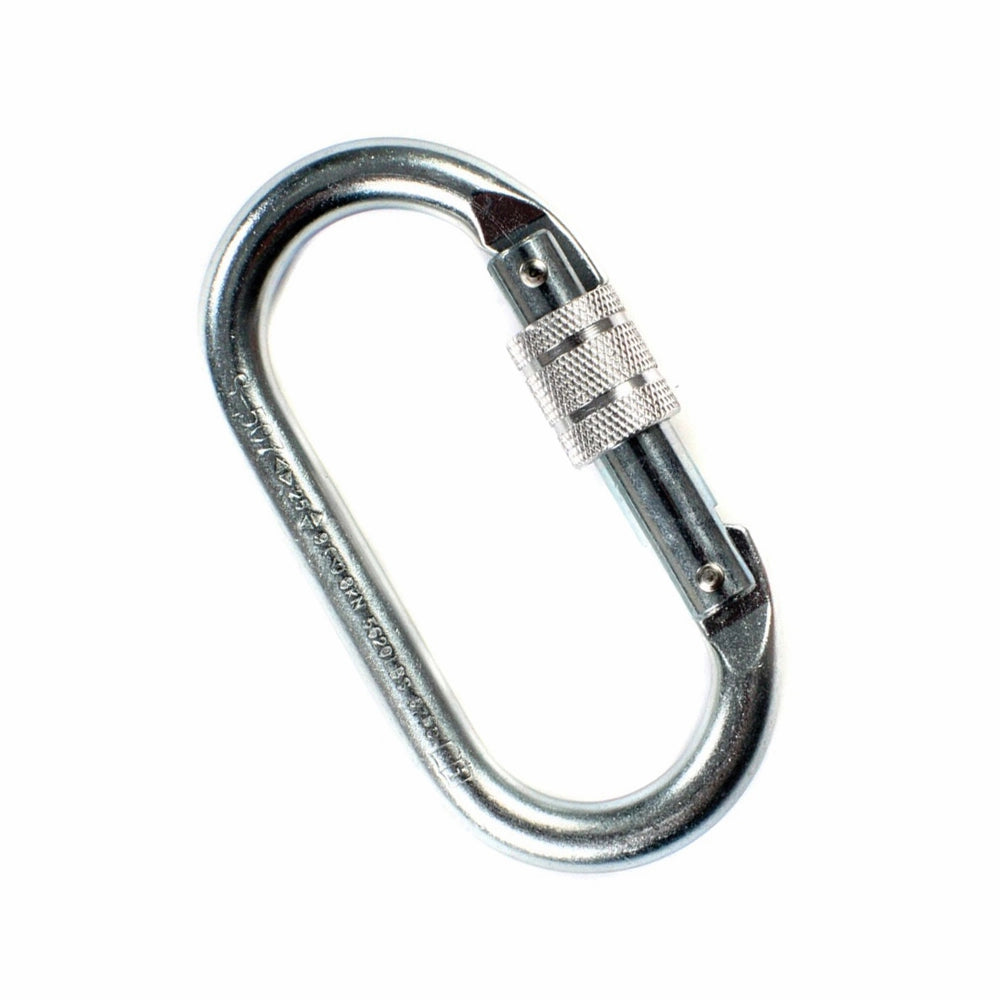 Oval karabinhage med skruelås og skinnende finish. Tekstureret greb for bedre håndtering.