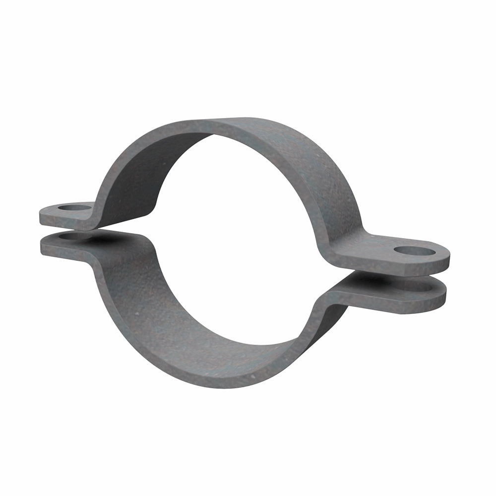 Rund grå rørklemme med flanger og monteringshuller på begge sider. Robust struktur.