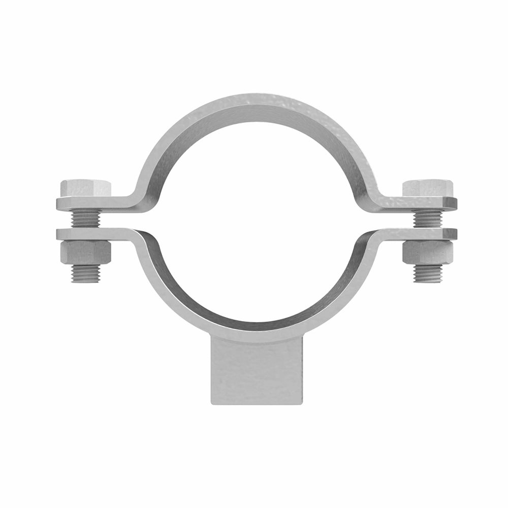 Rund metalbøjle med flade beslag, fastgjort med bolte og møtrikker, set forfra.