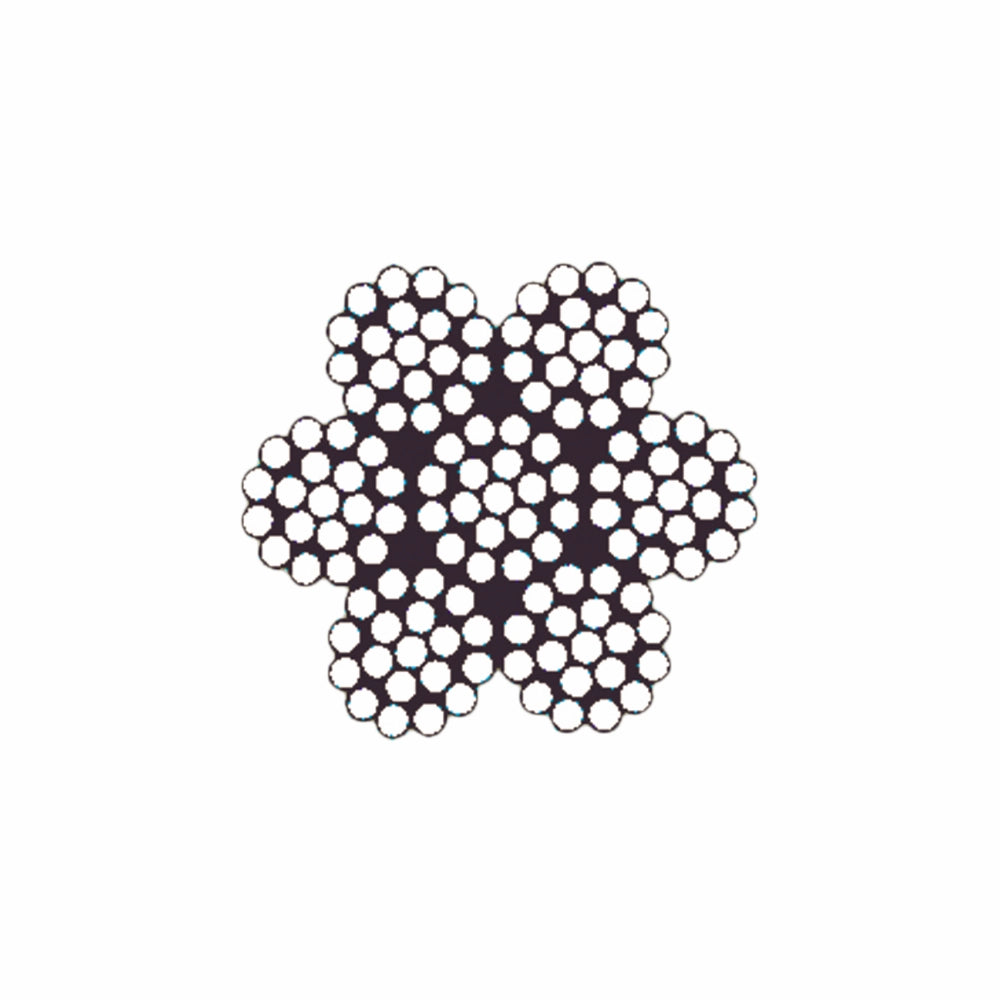 Tværsnit af stålwire med 7x19 konfiguration; sekskantet struktur af flere snoede tråde.