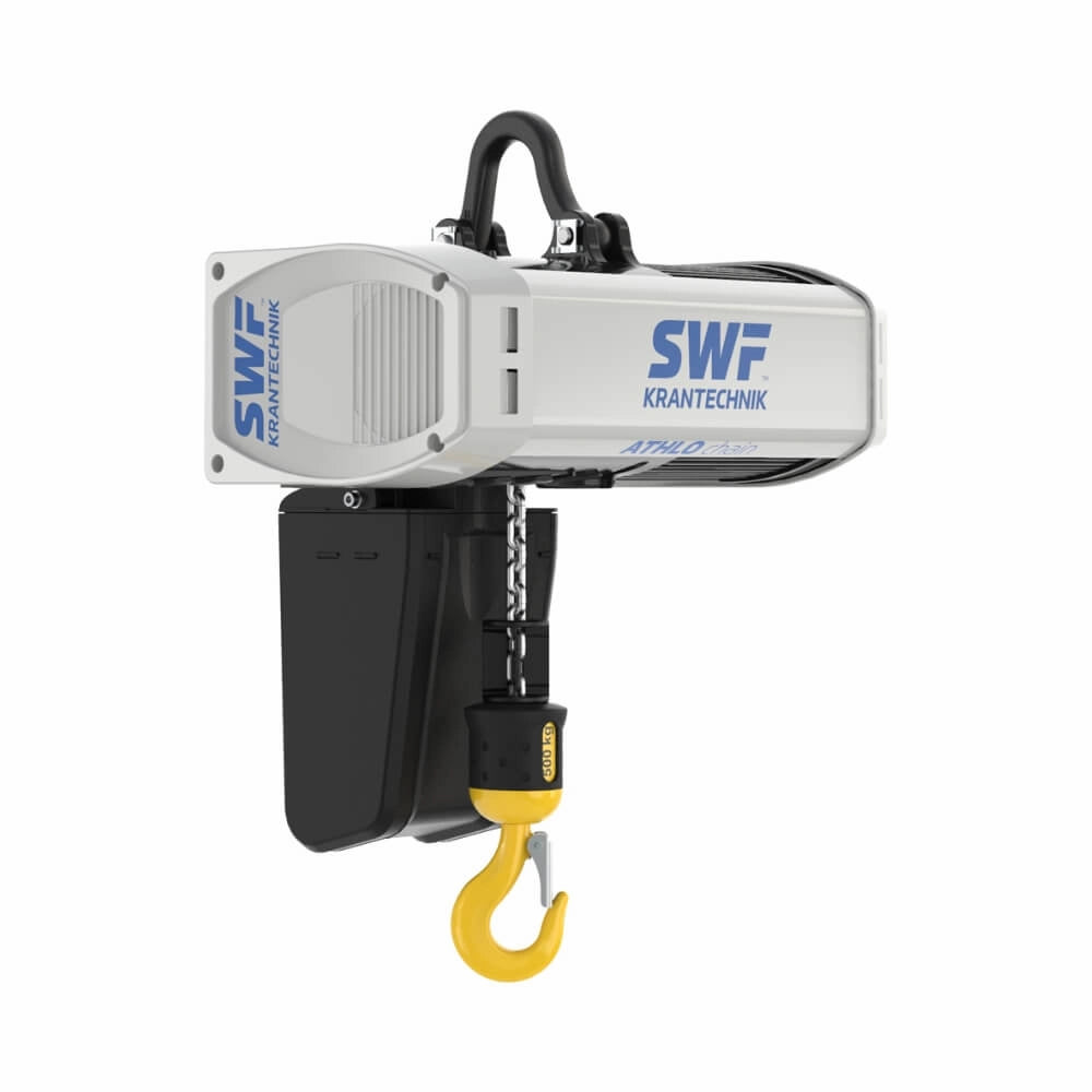 Elektrisk talje fra SWF med gul krog, kæde og synligt "SWF Krantechnik" logo.