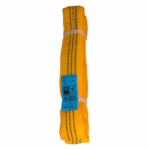 Gul Technotex rundsling, sorte syninger, blå etiket, 3000 kg WLL, 1,0 m lang.