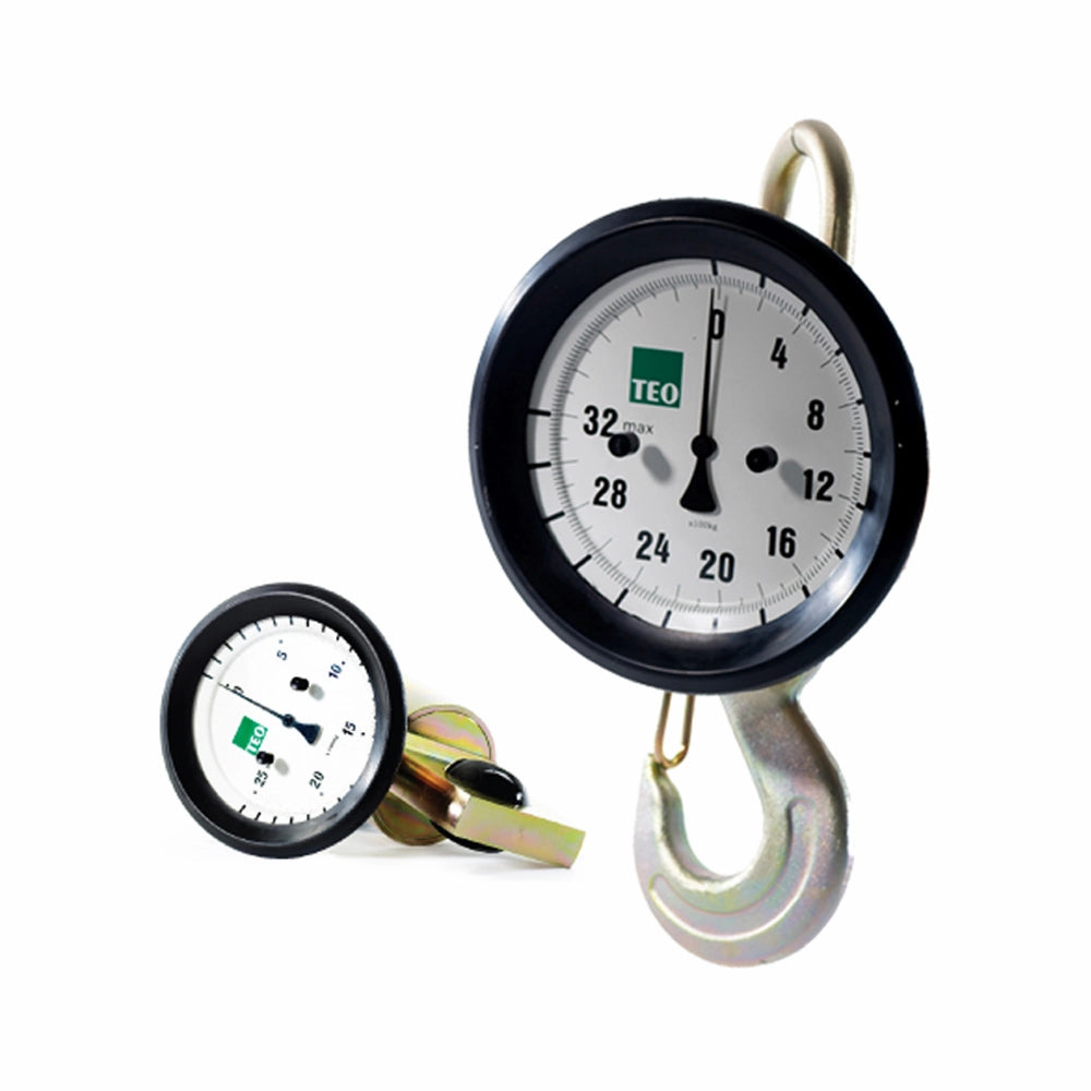 Kranvægt med rund skive op til 32, krog forneden og bøjle foroven, to visninger.