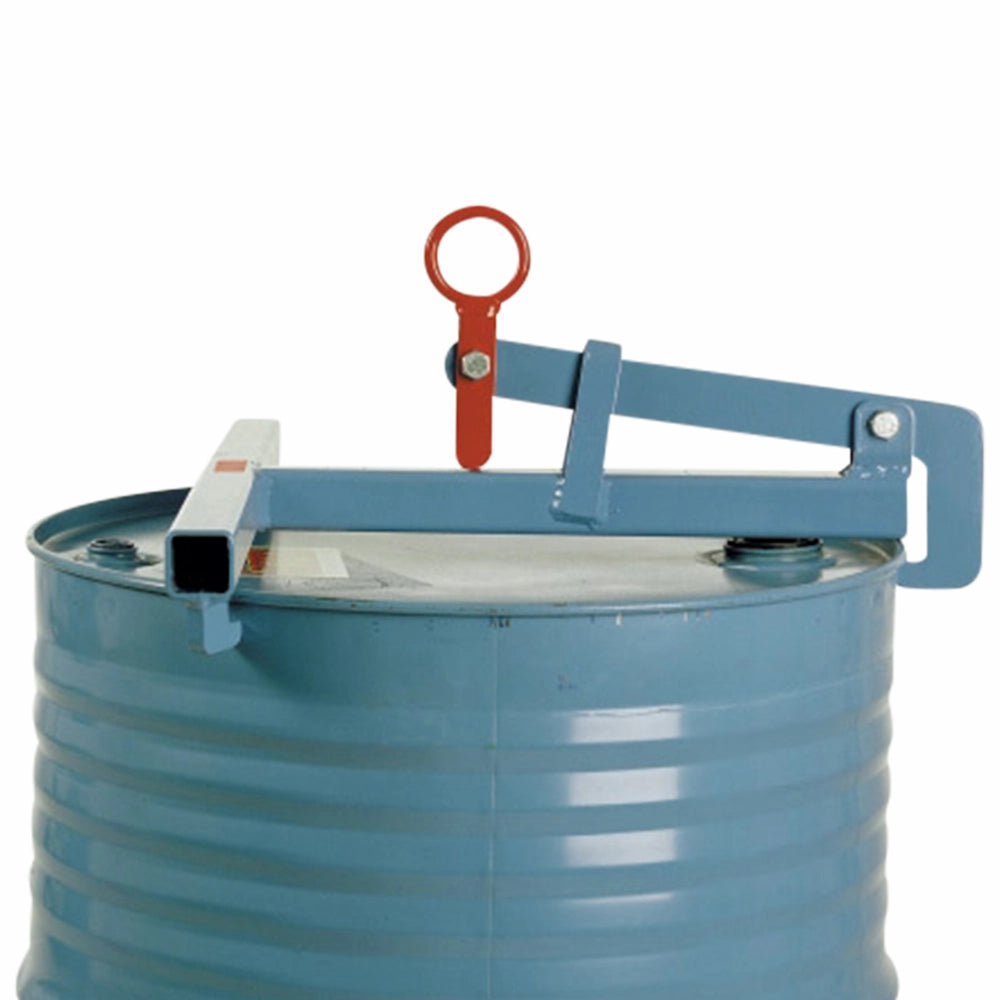 Løfteværktøj på tromle med rektangulær metalramme og rødt cirkulært element.