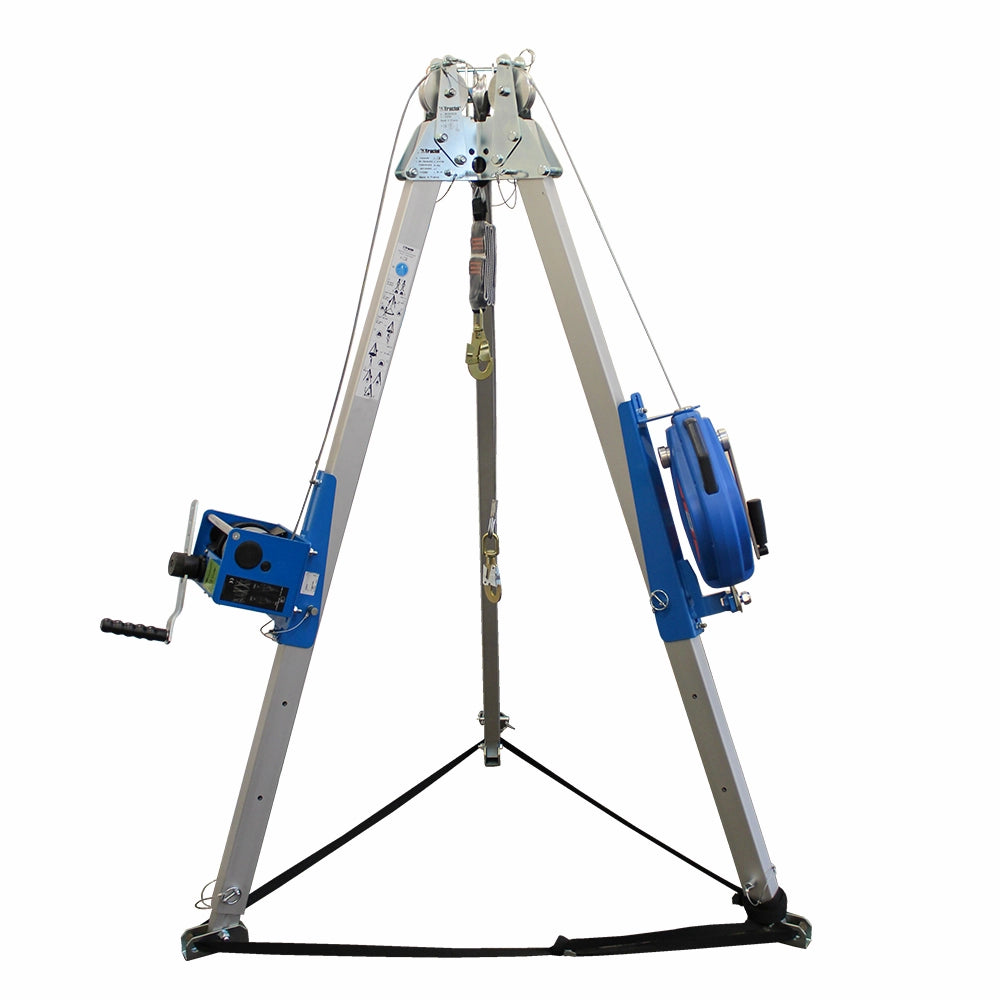 Tractel Treben Tracpode med tre ben, metalplade, blå skiver og håndsving til løft.