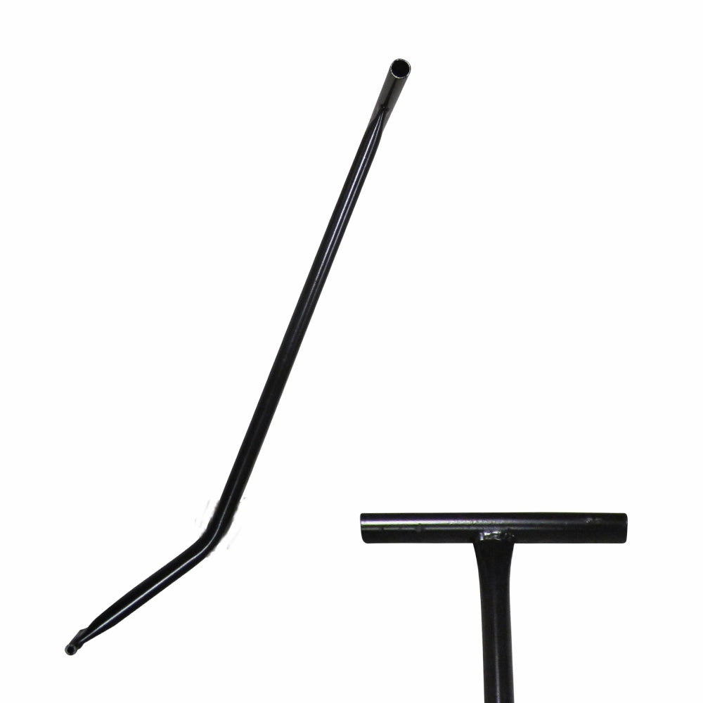 Sort metalhåndtag med T-formet greb, let bøjet, til transportvogn.