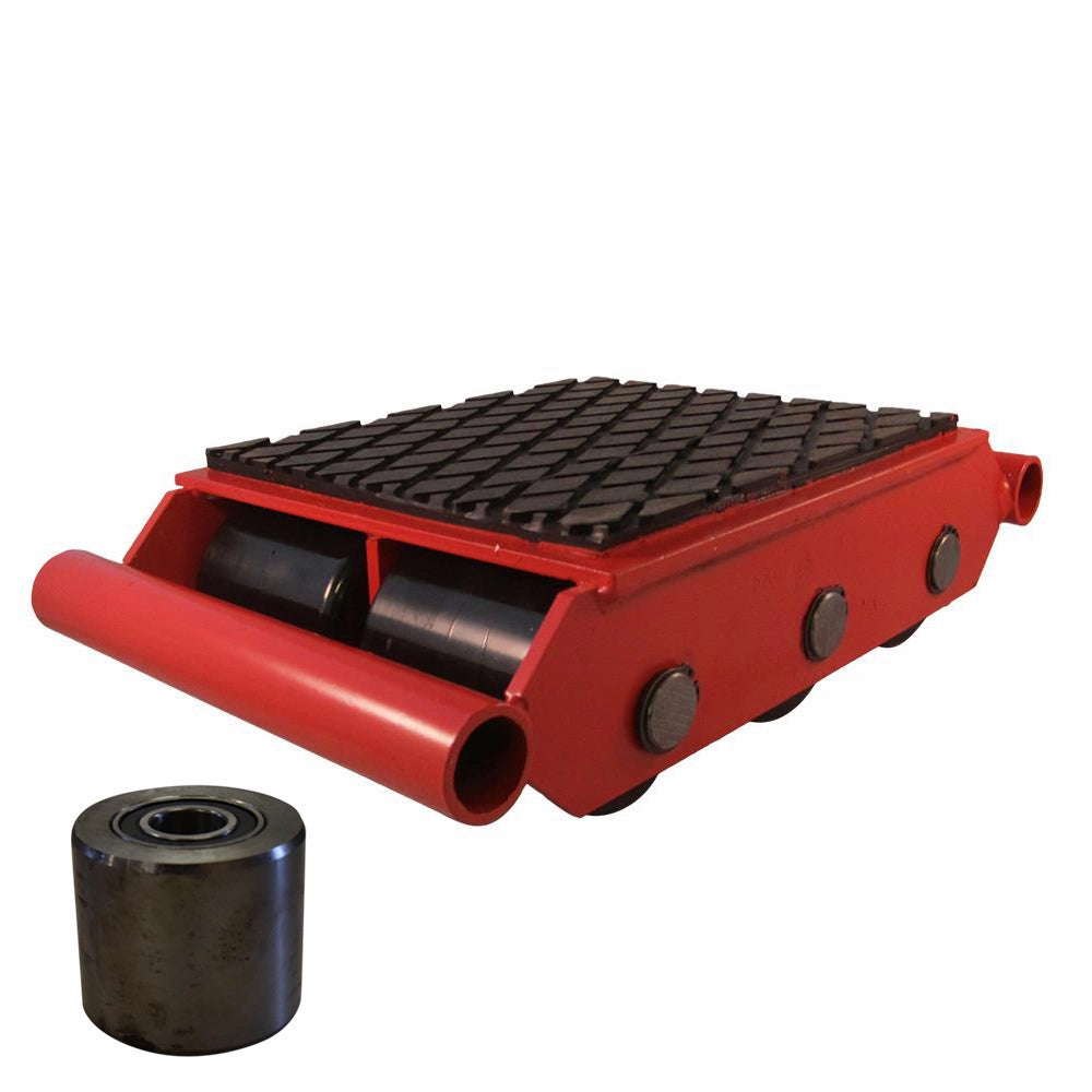 Transportvogn med rød ramme, sort mønstret top, synlige hjul, og separat hjul.