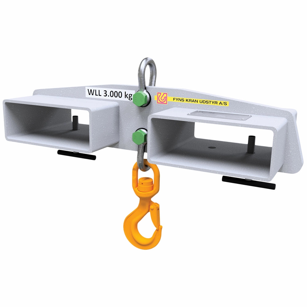 Løfteanordning med to åbninger, gul krog, grønne bolte, tekst "WLL 3.000 kg", mærke "FYNS KRAN UDSTYR A/S".